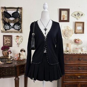 90's witchy girly goth grunge black cardigan w corset lace up details